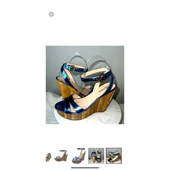Prada Blue Metallic Leather Platform Wedge Sandal Size 7 or 37 EU - Picture 13 of 17